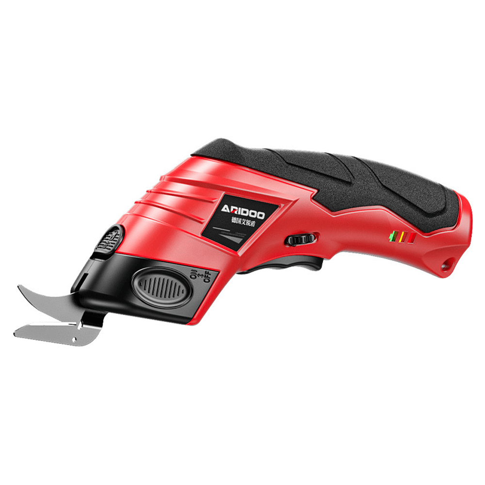 ARIDOO electric fabric scissors with 4.2V battery, ergonomic design, and interchangeable blades.