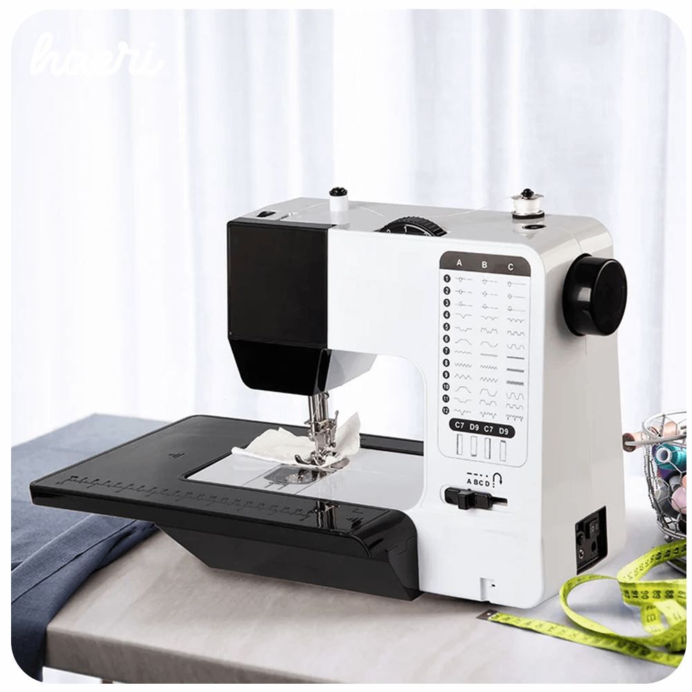 Electric sewing machine UKICRA UFR-738A on table, ideal for home workshops, featuring reliable, easy operation in white and black finish.