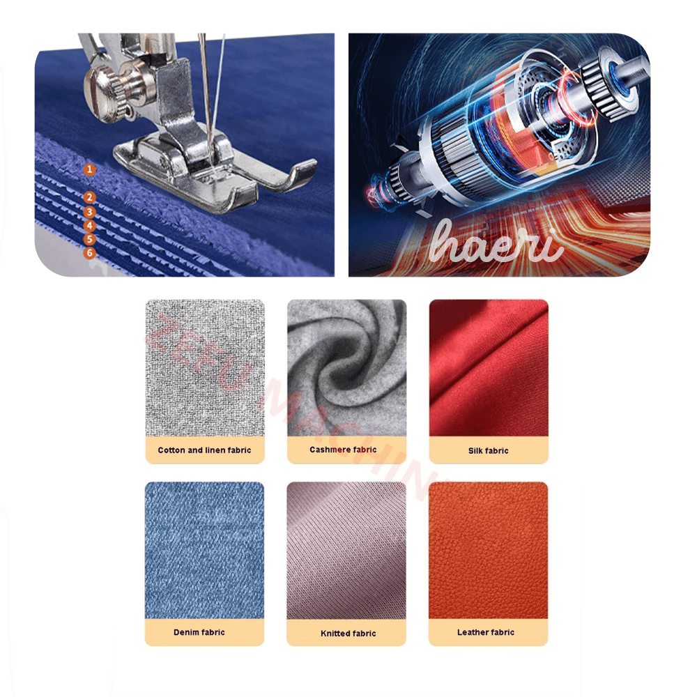 Close-up of sewing machine needle with various fabric types, highlighting cotton, cashmere, silk, denim, knitted, and leather materials.