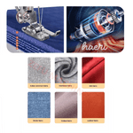 Close-up of sewing machine needle with various fabric types, highlighting cotton, cashmere, silk, denim, knitted, and leather materials.