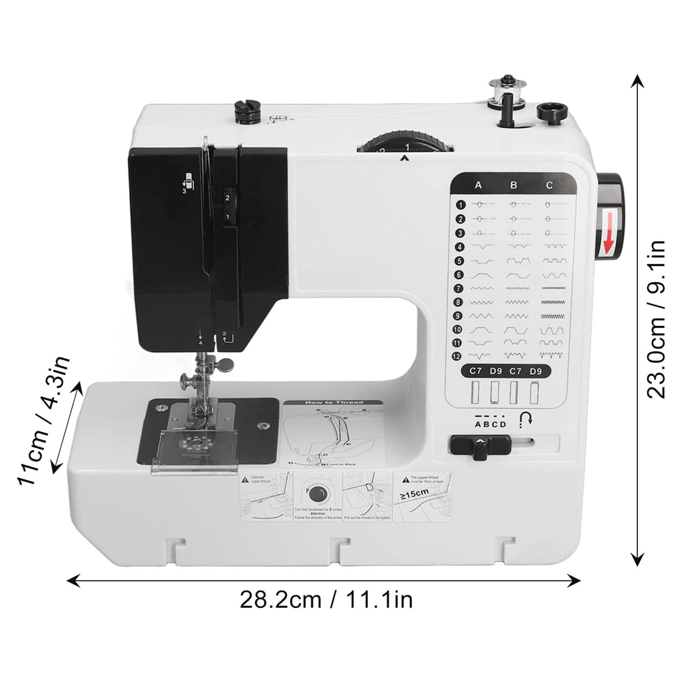 Electric sewing machine UKICRA UFR-738A with dimensions and stitch patterns displayed.