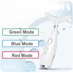 Face and neck lifting massager with green, blue, and red mode options for skincare enhancement.