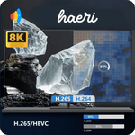 8K TV displaying H.265/HEVC capabilities with crystal-clear ice imagery; showcasing contrast and efficiency improvements over H.264.