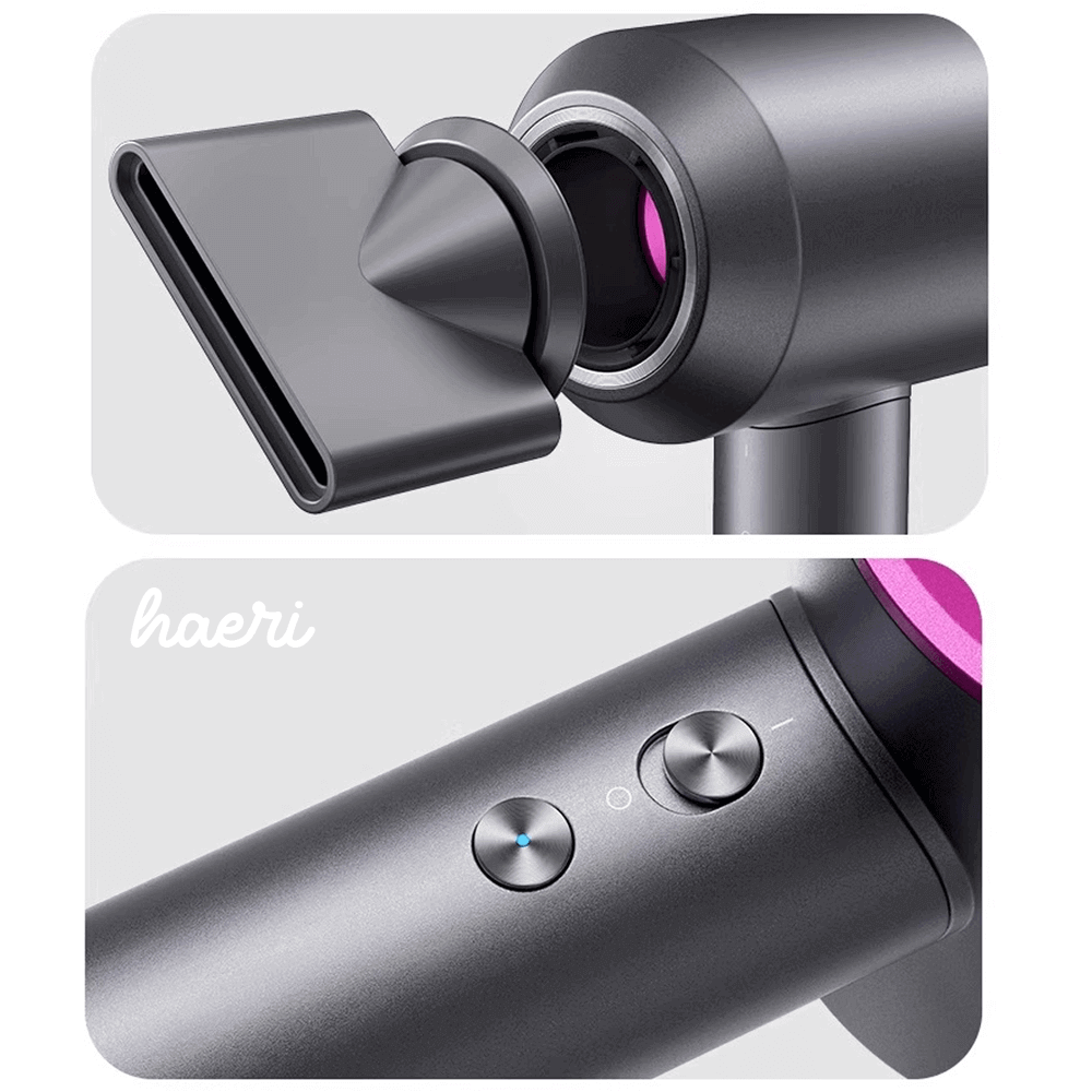 Innovative hair dryer with nozzle and control buttons, featuring ionization function for efficient styling.