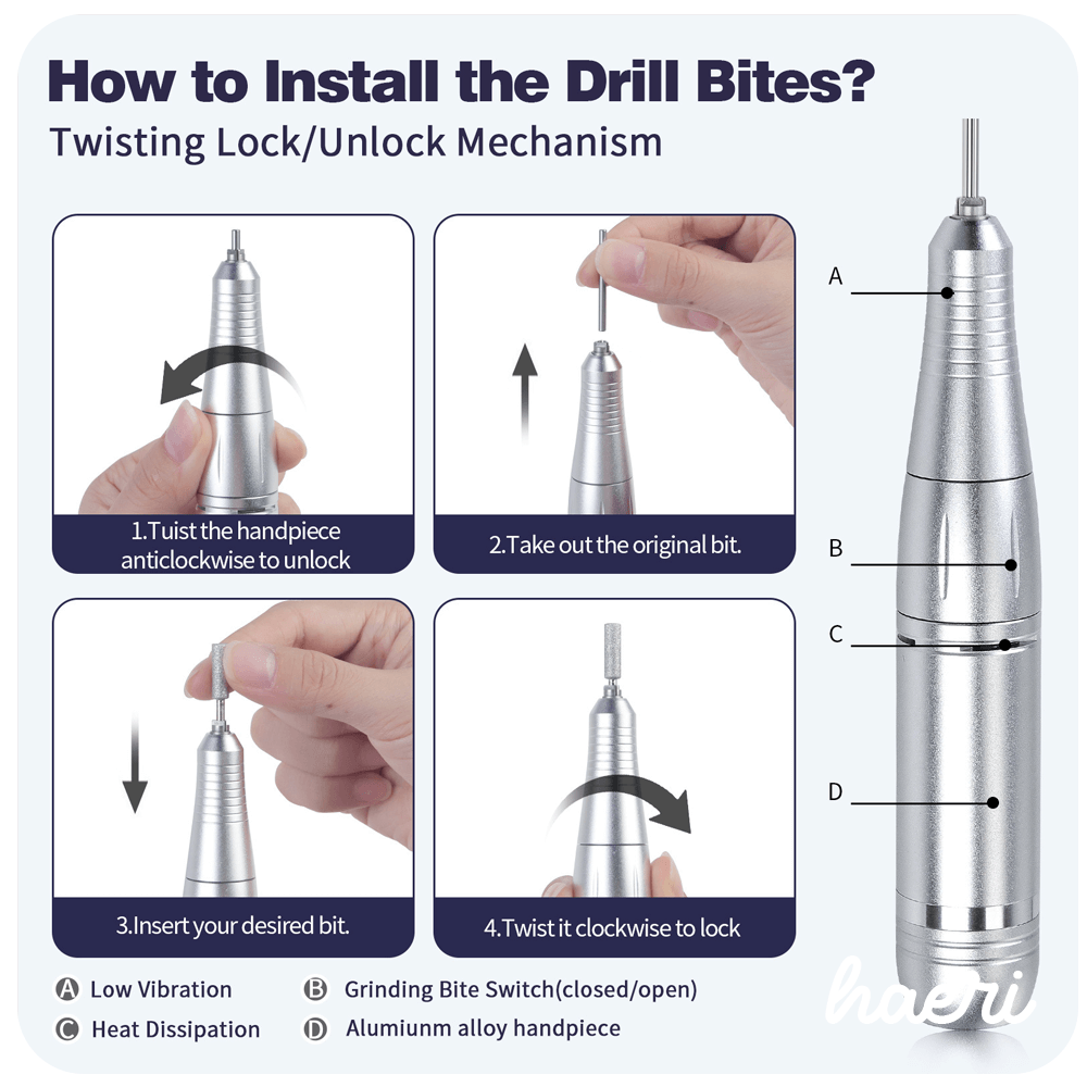 "Guide on installing drill bits using the twisting lock mechanism on Haeri nail drill."