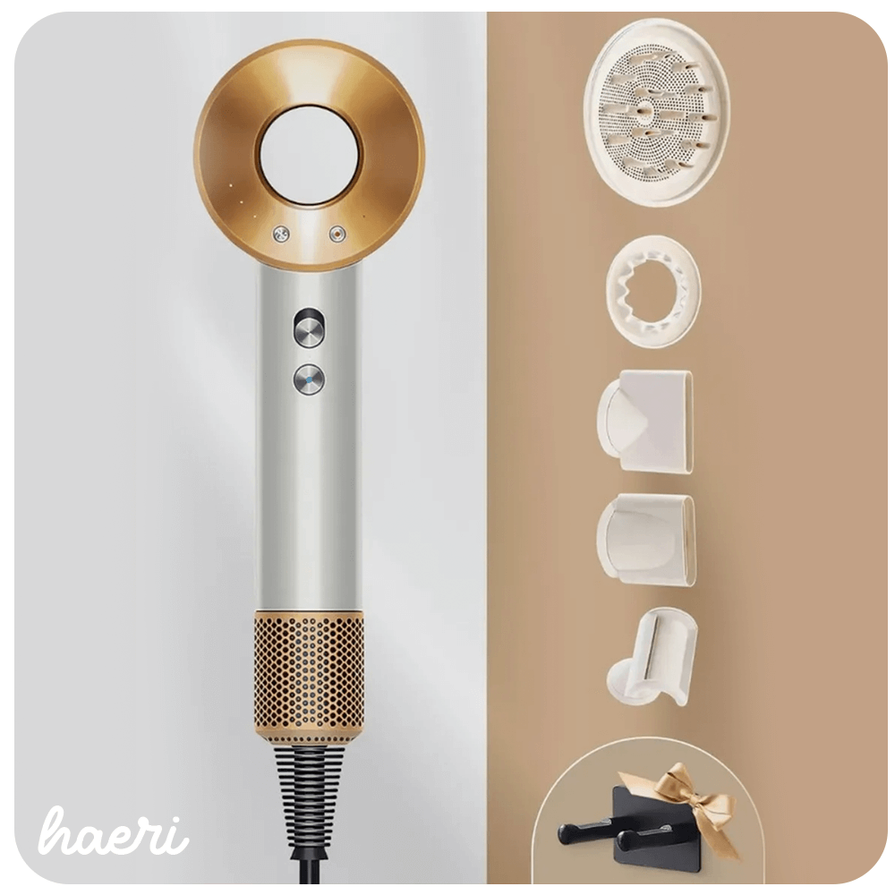 Gold and white hair dryer with attachments, inspired by high-performance design, featuring multiple speed and heat settings.
