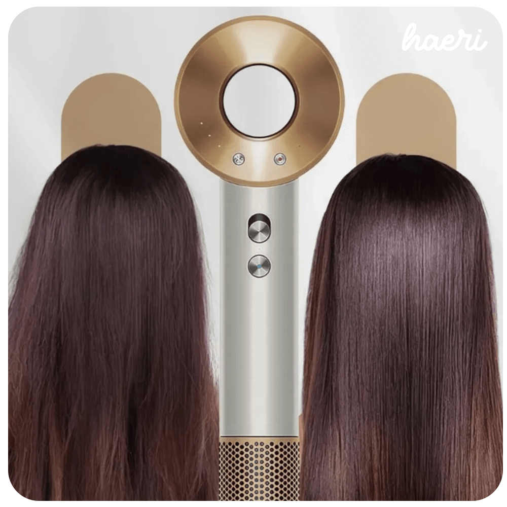 Innovative hair dryer with ionic function, 3-speed, 4-temperature settings, gold design, 1600W, resembling a premium brand.