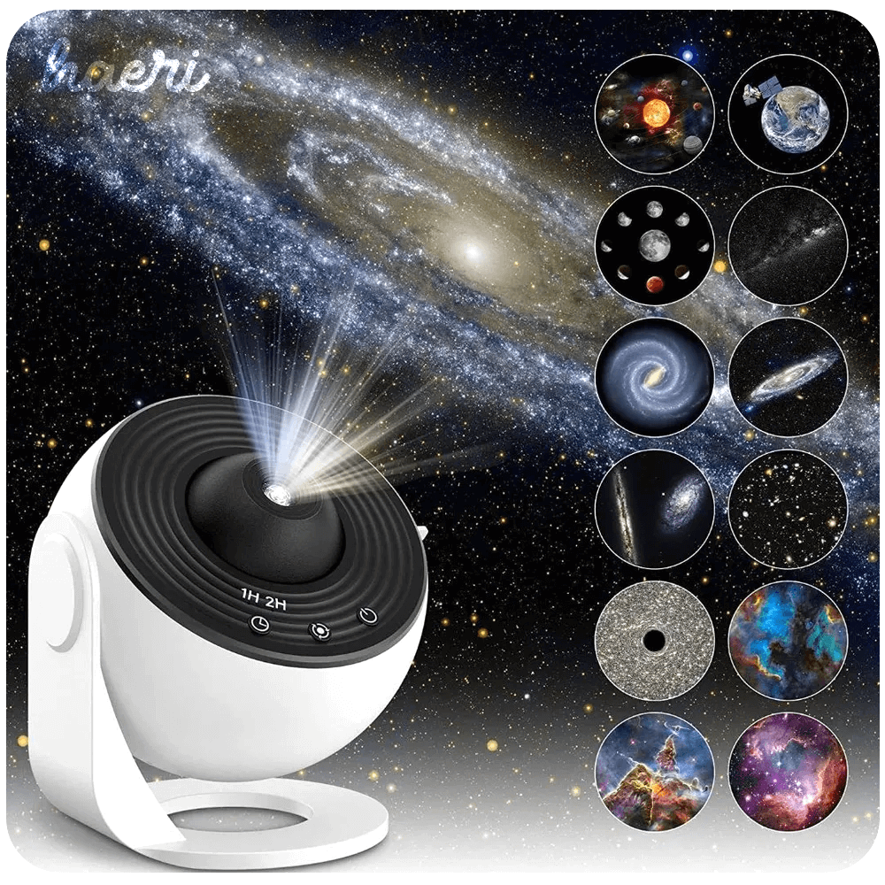Cosmo Projector Lamp 4K HD displaying galaxy images with LED lighting, includes 12 discs, Type-C cable, and lens cleaner.
