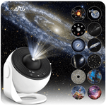 Cosmo Projector Lamp 4K HD displaying galaxy images with LED lighting, includes 12 discs, Type-C cable, and lens cleaner.