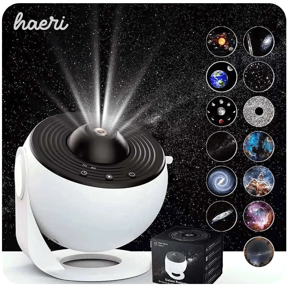 კოსმოსური პროექტორი-სანათი 4K HD, LED ნათებით, თეთრი ABS/PC მასალით და გალაქტიკის გამოსახულებების 12 ფირით, Type-C კაბელით.