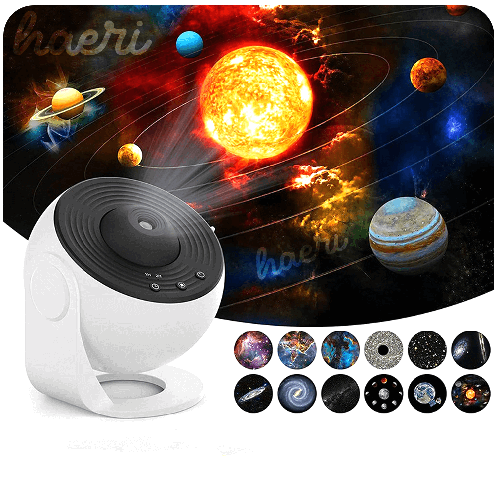 4K HD Cosmos Projector Light with LED, displaying a galaxy theme with planets and stars; includes 12 film reels and Type-C cable.