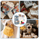 კცია ქსოვის ნაკრების სხვადასხვა ნივთები, მარჯვენა, ხელთათმანები, ქარგვის ხელსაწყოები და აქტივობები.