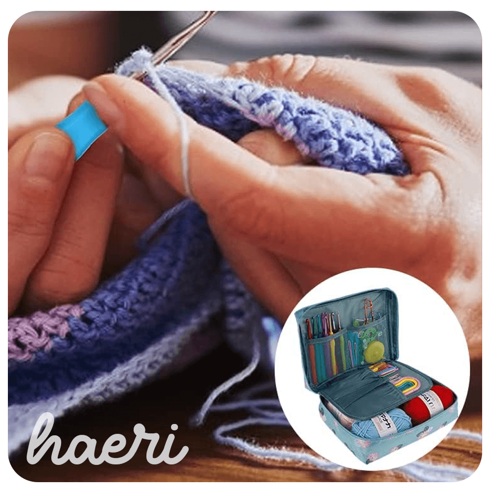 Person crocheting with a hook, featuring a colorful crochet kit with various tools and yarn.