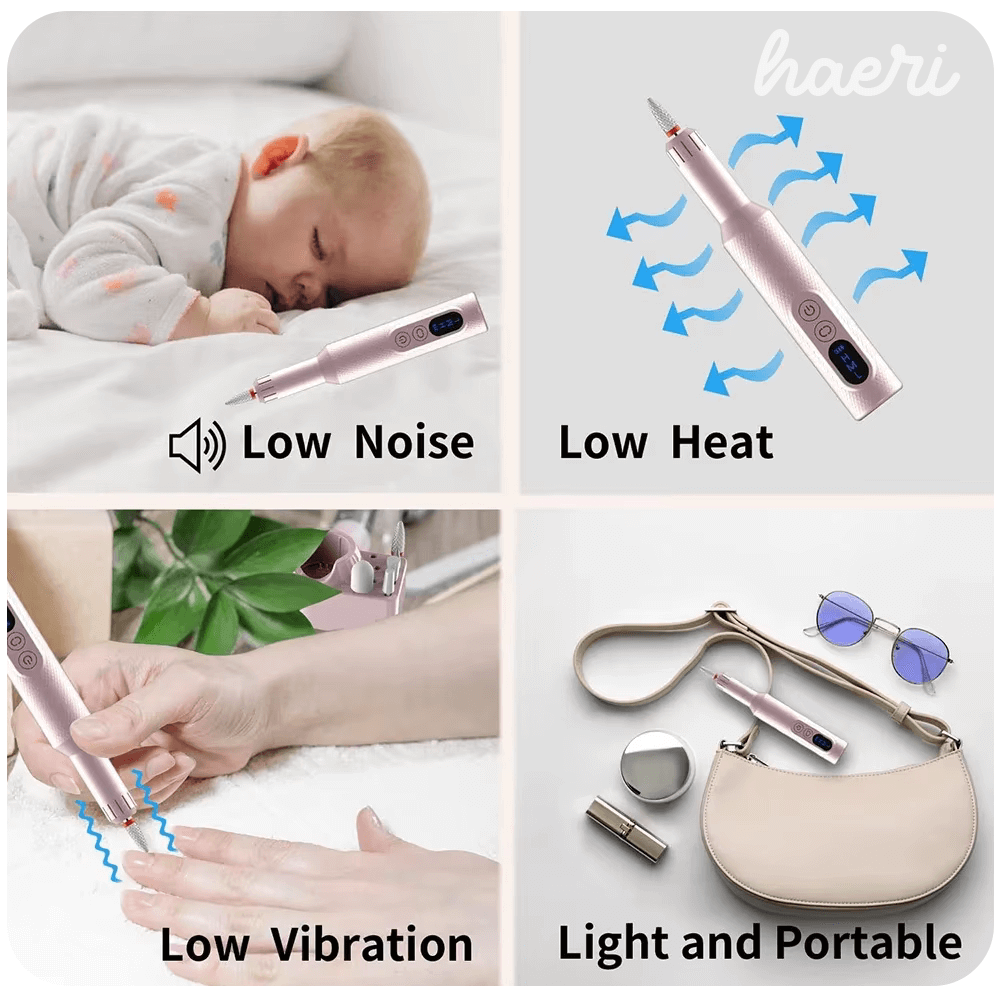 Low noise, low heat, and low vibration features of a portable nail care device with accessories.