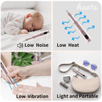 Low noise, low heat, and low vibration features of a portable nail care device with accessories.