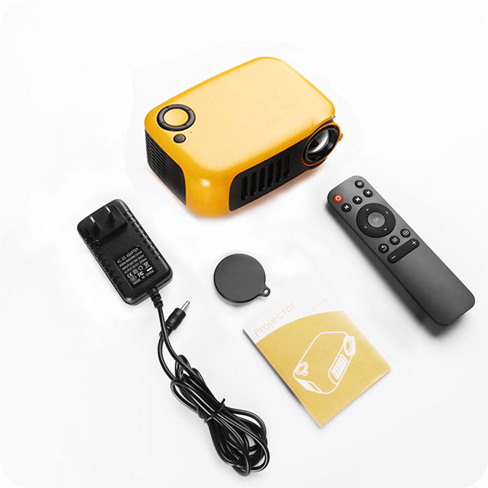 A2000 mini projector set with remote control, charger, and manual in yellow color.