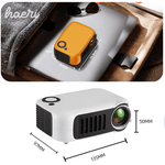 A2000 Mini Projector in yellow, compact design, shown with measurements: 135mm x 97mm x 50mm. Ideal for portable use.