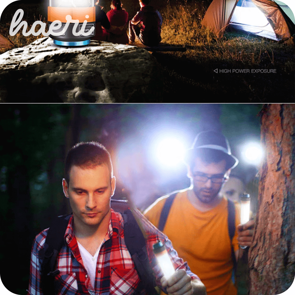 Multifunctional LED camping lantern in use with hikers in the forest, showcasing versatility and high power.