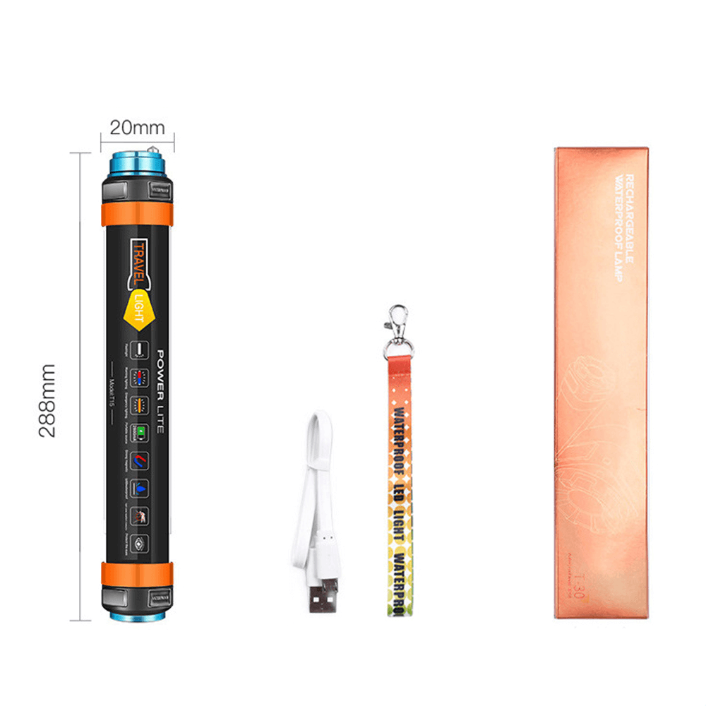 Smiling Shark T30 multifunctional camping lantern with USB charging, accessory strap, and packaging, dimensions 288x20mm