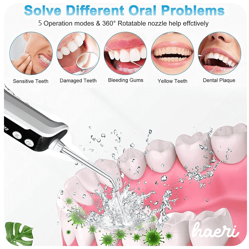 "Black portable oral irrigator with 5 modes improving dental health, targeting sensitive teeth, bleeding gums, and plaque removal."