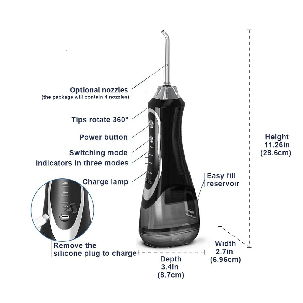Black oral irrigator with detailed features like 360° rotating tips, power button, charging port, and 300ml easy-fill reservoir.
