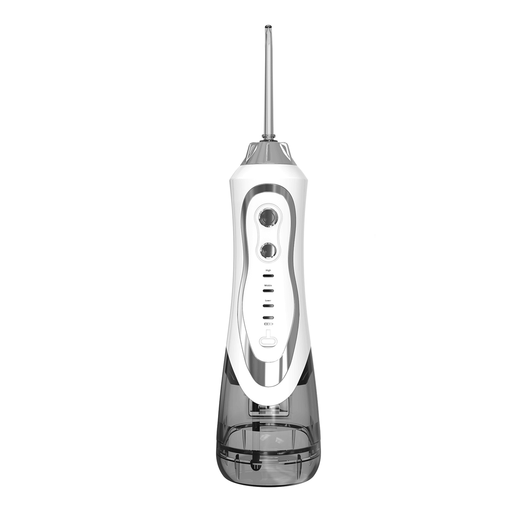 White oral irrigator with a 300ml water tank, 1100 mAh battery, and three modes offering adjustable water pressure for effective oral hygiene.