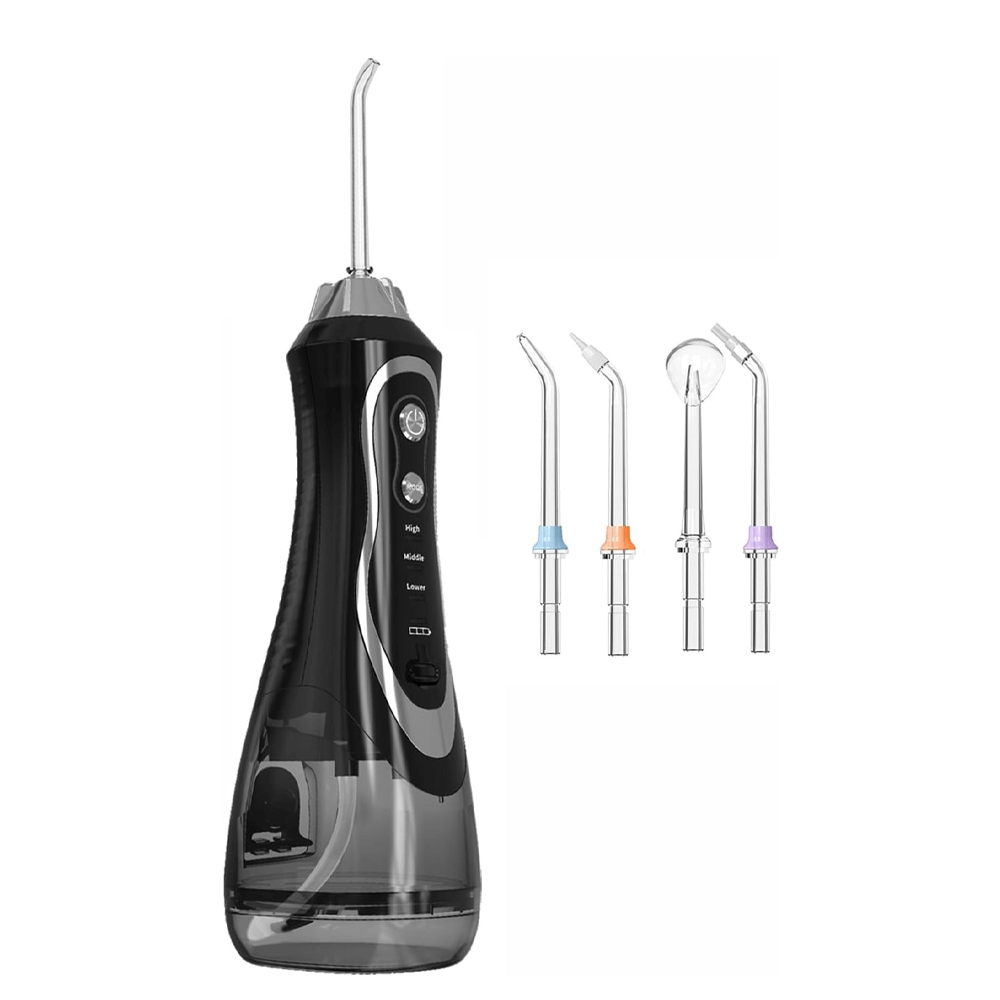 პირის ღრუს ირიგატორი შავი 300 მლ წყლის ავზით და 4 თავაკით