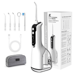 Portable gray oral irrigator with 5 cleaning modes, 330ml tank, 2000mAh battery, and IPX7 water resistance, shown with accessories and packaging.