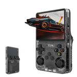 Portatile retro gaming console R36S with a clear case and 3.5 inch display showcasing a racing game.