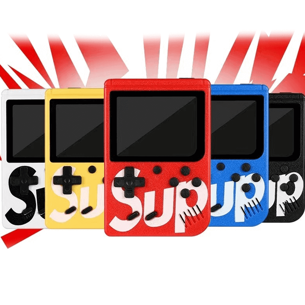 Portatile retro gaming console SUP in multiple colors: red, yellow, black, blue, and white