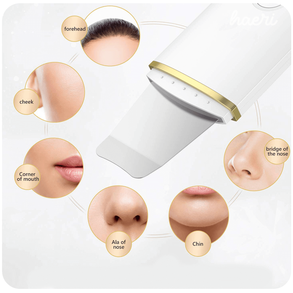 Ultrasonic skin scrubber targeting forehead, cheeks, nose, and chin for deep facial cleansing.