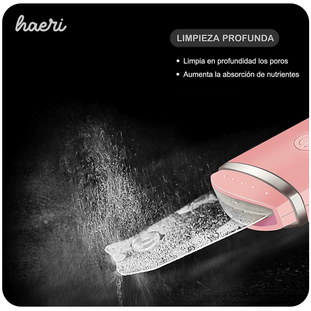 Pink ultrasonic skin scrubber demonstrating deep pore cleaning and nutrient absorption enhancement.