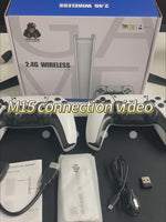 M15 gaming console setup with wireless controllers, USB cable, and instruction manual for easy connection.