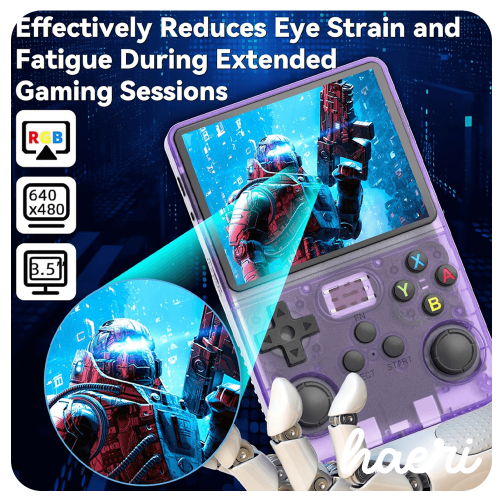 Retro portable gaming console with 3.5 inch RGB screen, reducing eye strain during long gaming sessions.