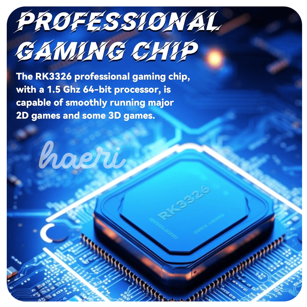 RK3326 professional gaming chip on a blue circuit board, featuring a 1.5 GHz 64-bit processor for smooth gaming.