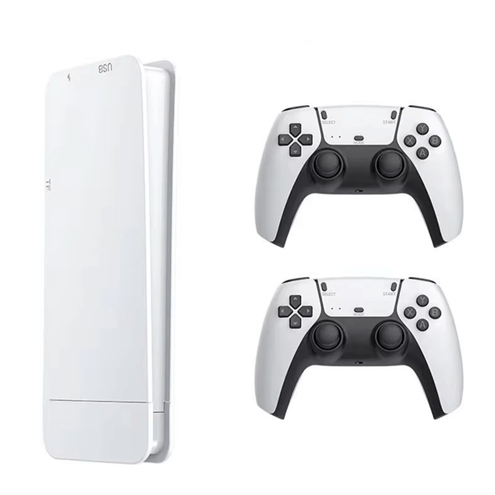 White gaming console with two wireless controllers, designed for immersive gaming experiences.