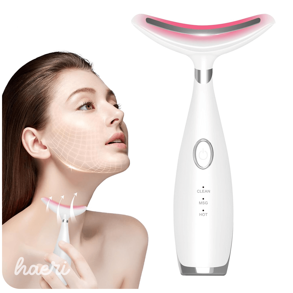 Face and neck lifting massager device featuring heat and vibration technology for skincare.