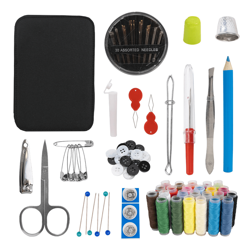 Comprehensive sewing kit 95-in-1 including needles, threads, scissors, thimble, and organizer, ideal for household sewing tasks.