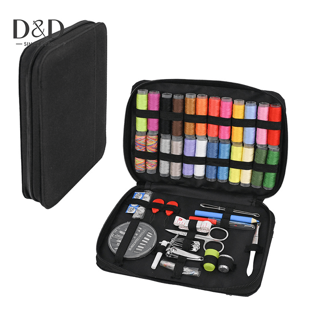 საგები სამკერვალო ნაკრები ორგანიზერში, კუთხვირებით, ნემსებითა და მაკრატლით, დამაგრებული ელასტიური რეზინებით.