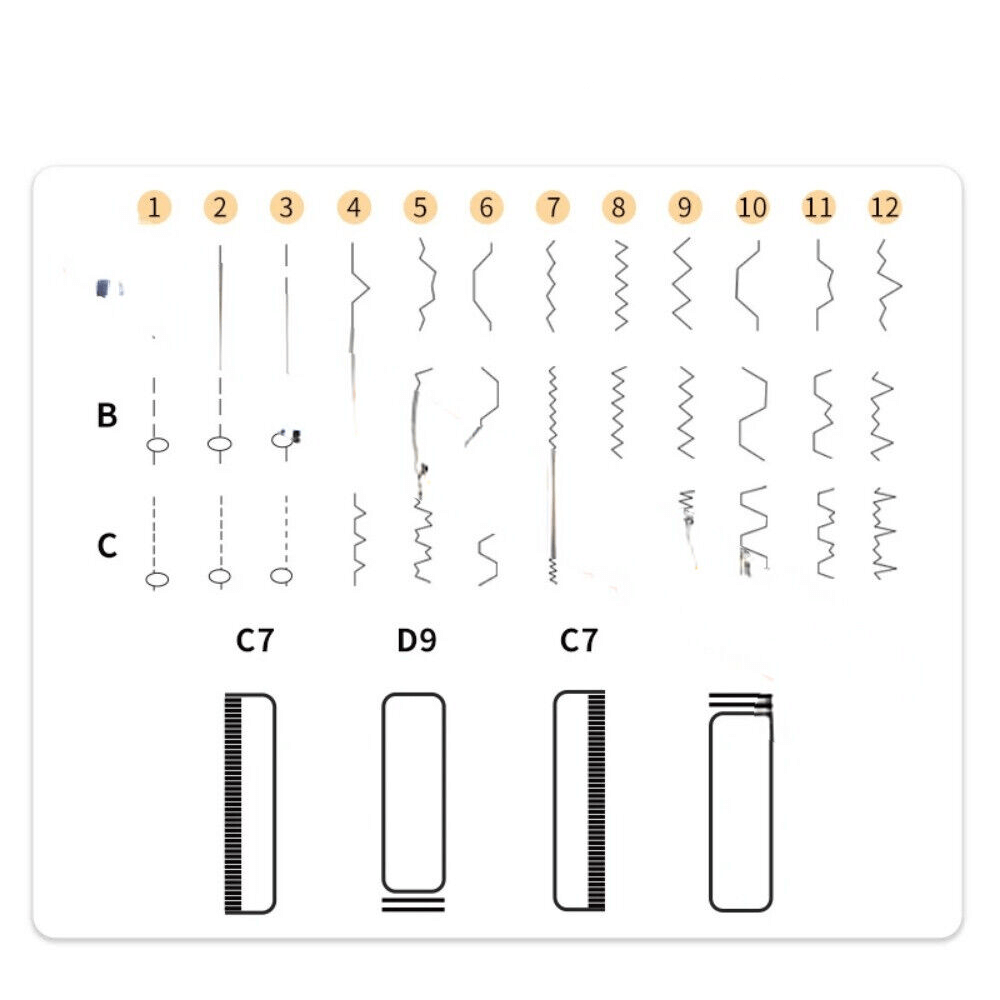 Illustration of 12 stitching patterns and settings for a sewing machine, featuring straight, zigzag, and decorative stitches.