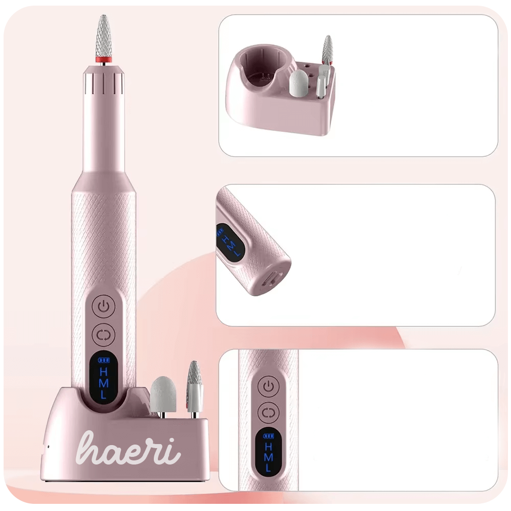 Wireless nail drill for gel removal with charging dock, 3 speed settings and six drill bits, in pink color.