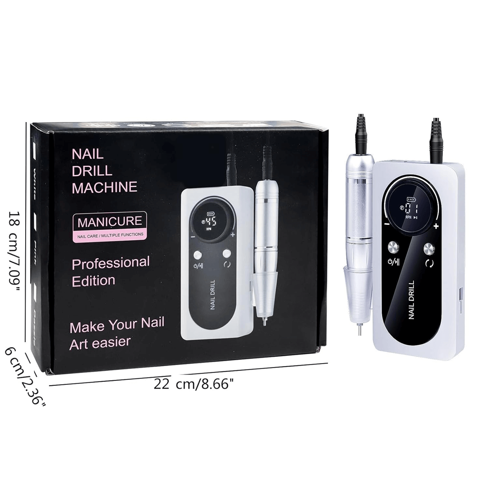 Nail Drill V2 wireless manicure and pedicure set with adjustable speed and five attachments, shown next to packaging.