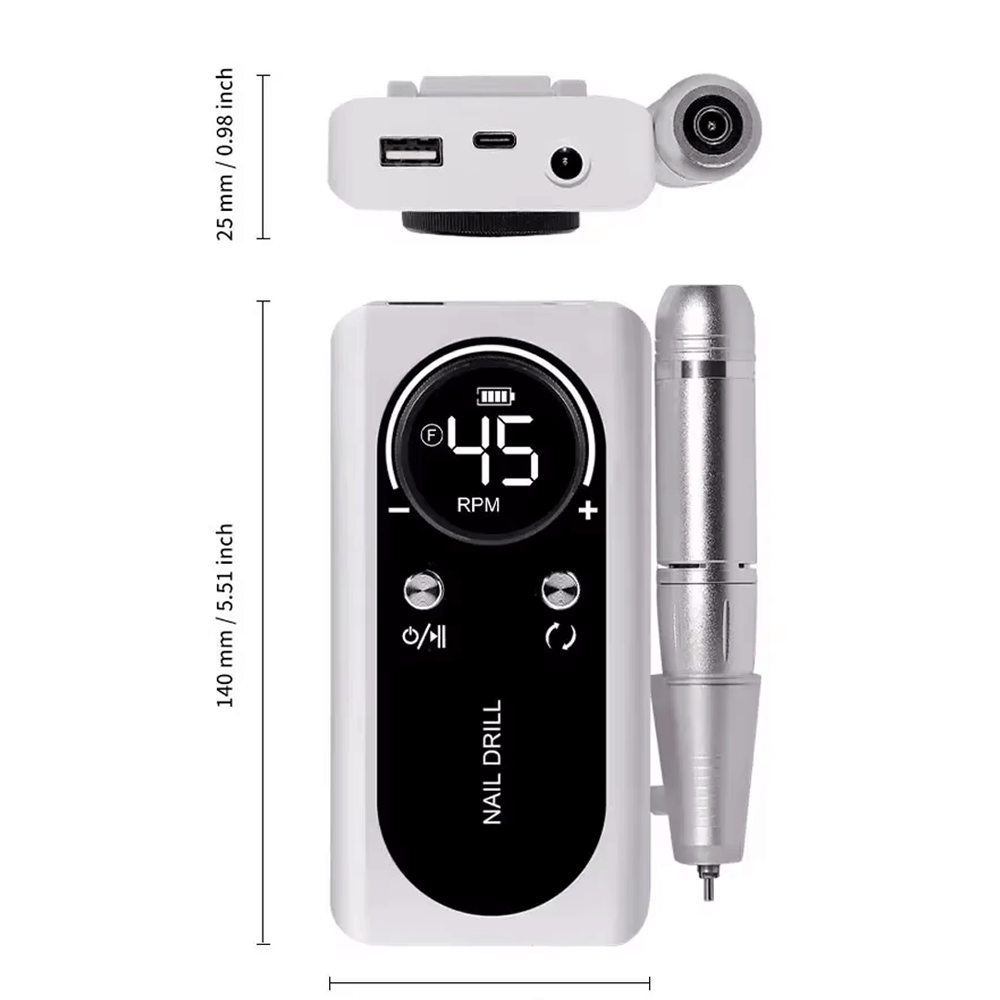 Wireless Nail Drill V2 for manicure and pedicure in white, dimensions 140x25mm, speed adjustable to 45,000 RPM, includes 5 attachments.