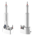 Wireless nail and pedicure device with 6 attachments, charging stand, and adjustable speed settings.