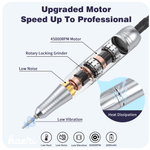 Diagram of a nail drill showcasing 45000 RPM motor, rotary locking grinder, heat dissipation, and low noise features.