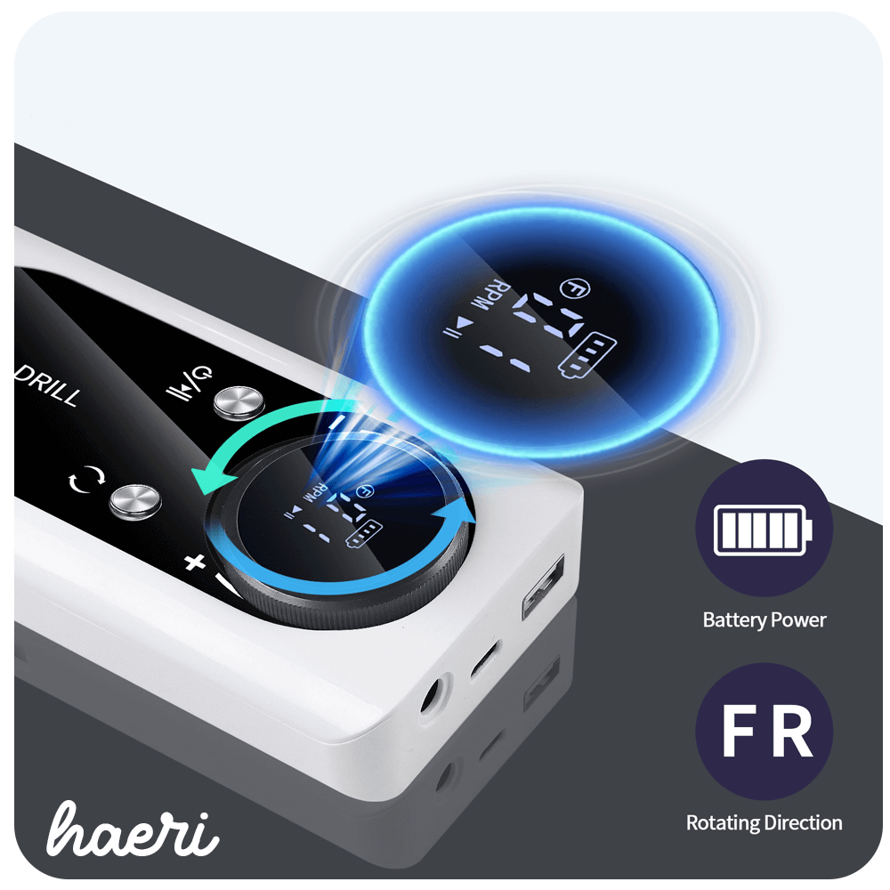 Wireless nail drill with display showing battery power and rotating direction, featuring intuitive controls on a modern design.