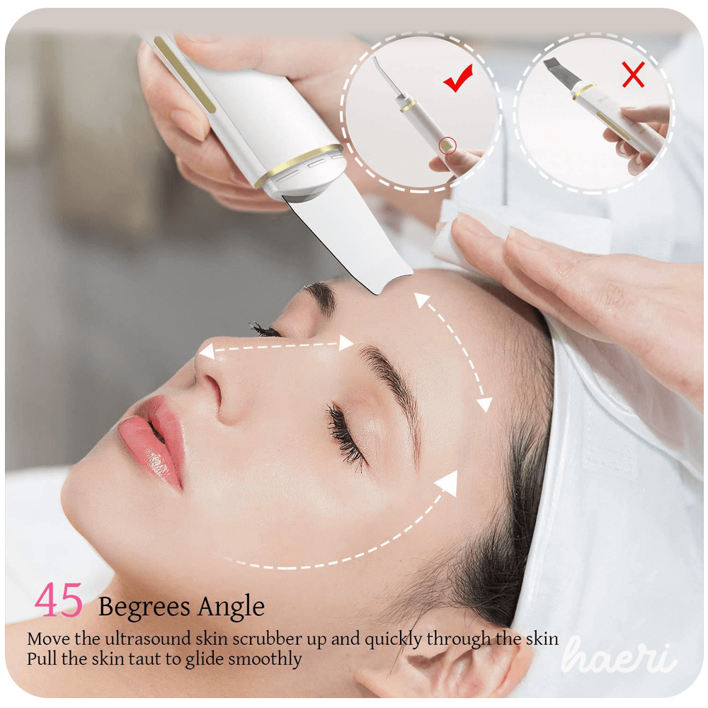 Ultrasonic skin scrubber demonstrating 45-degree angle for effective facial cleansing.