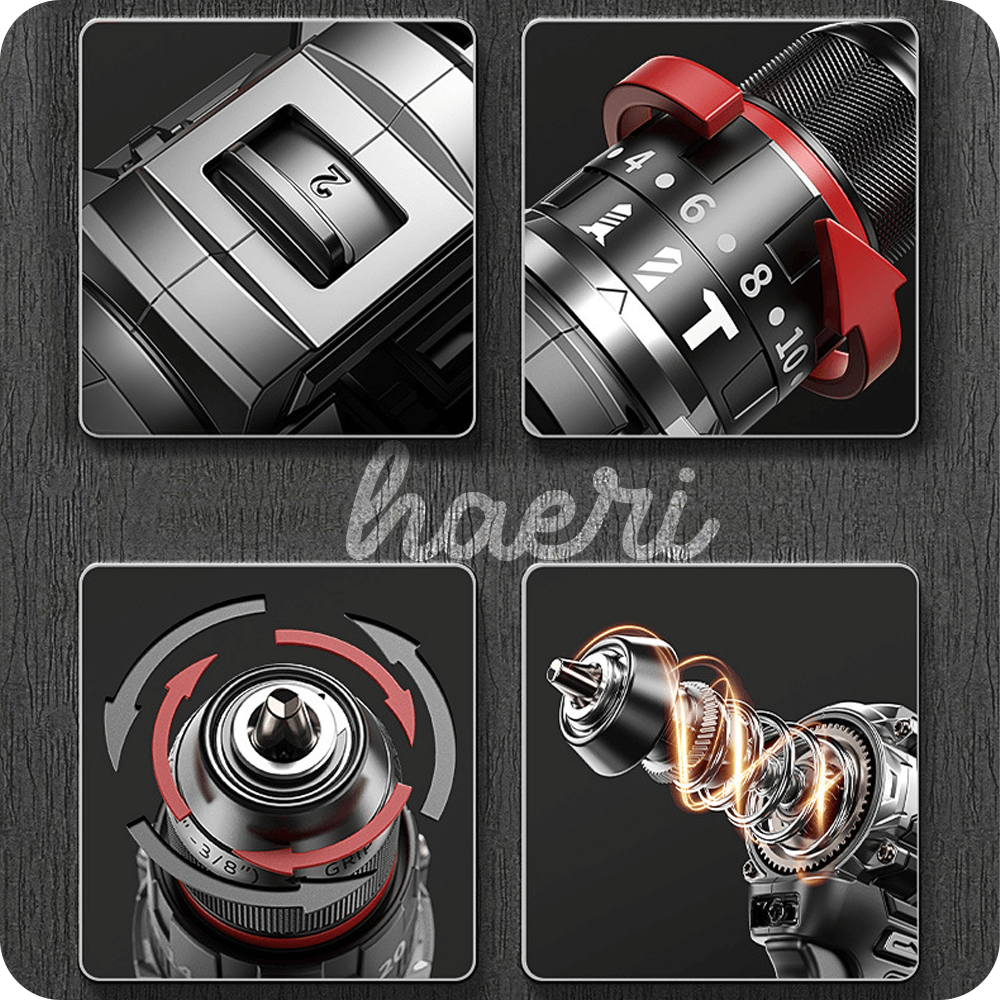 Close-up of ARIDOO cordless drill features including speed settings, torque adjustment, and motor design.