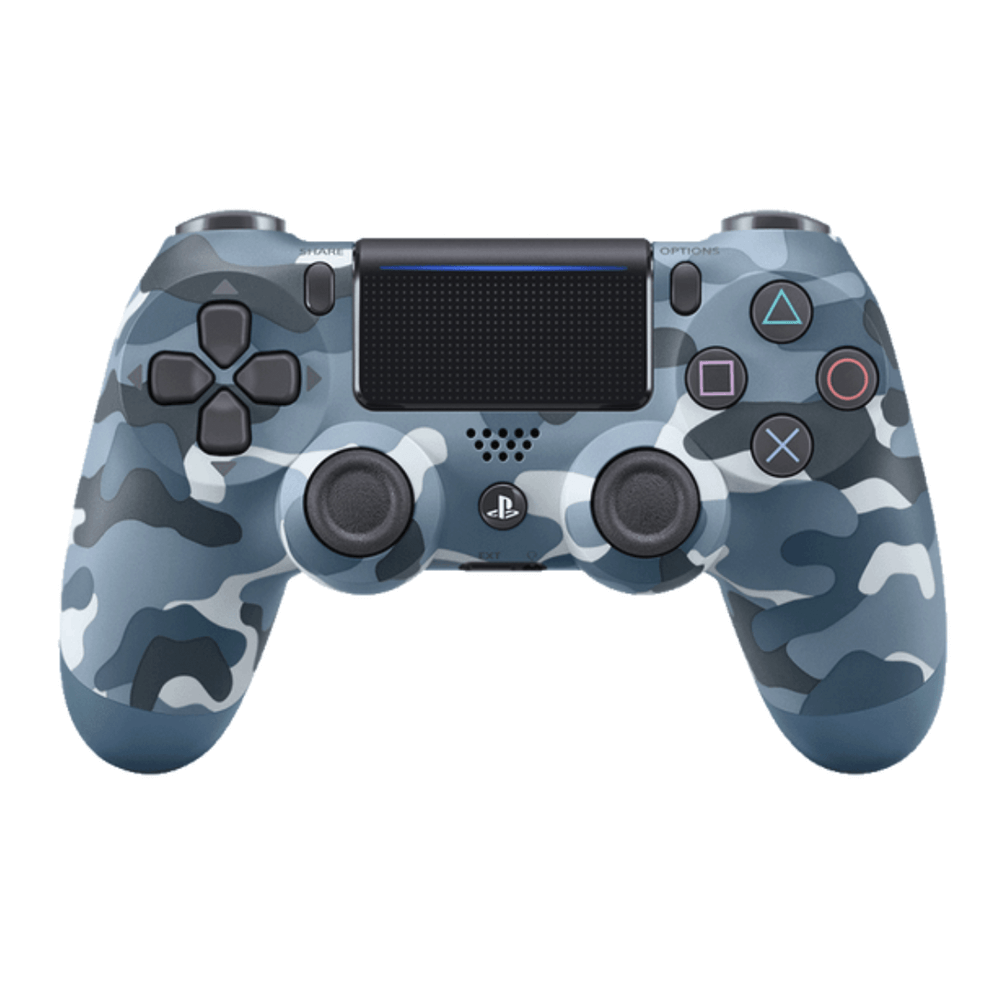Wireless PS4 joystick in blue camouflage design, compatible with Android, iOS, and PC via Bluetooth. Includes USB-MicroUSB cable.