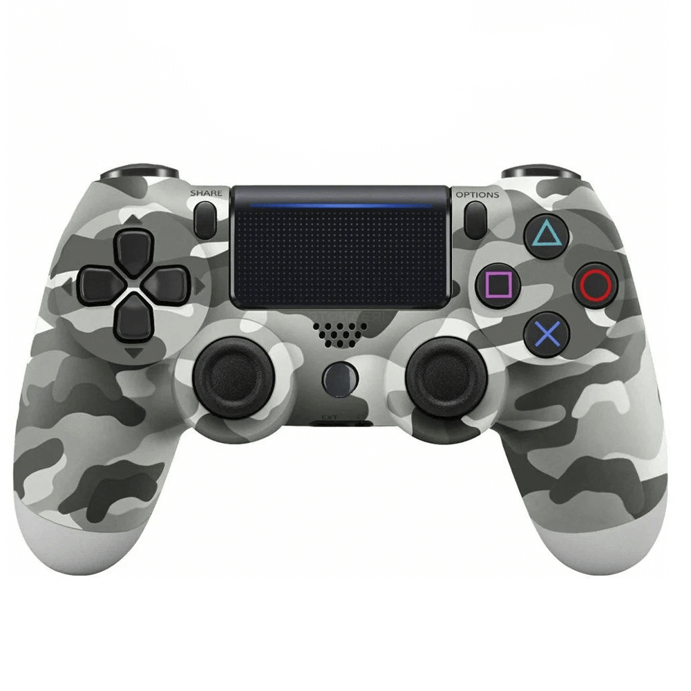Gray camouflage wireless PS4 joystick compatible with Android, iOS, and PC via Bluetooth, featuring ergonomic design and control buttons.